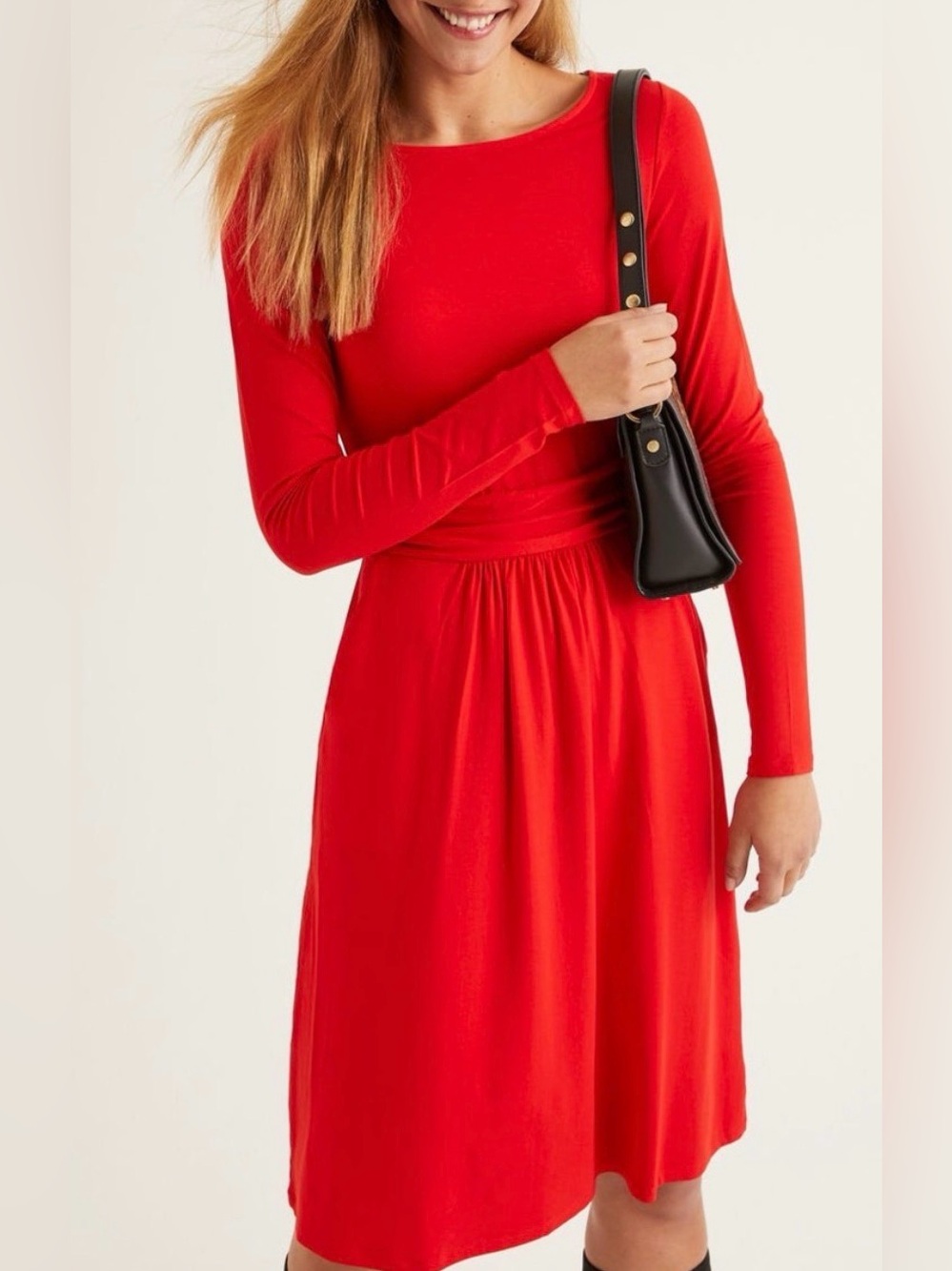 Boden Abigail Red Solid Long Sleeve Ruched Waist Jersey Stretch Dress 10R